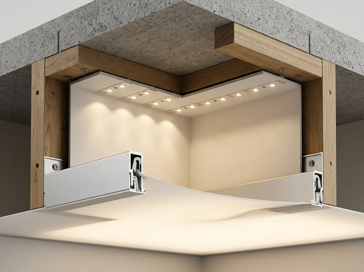 Stretch ceiling system cross-section showing perimeter track, PVC membrane and LED lighting