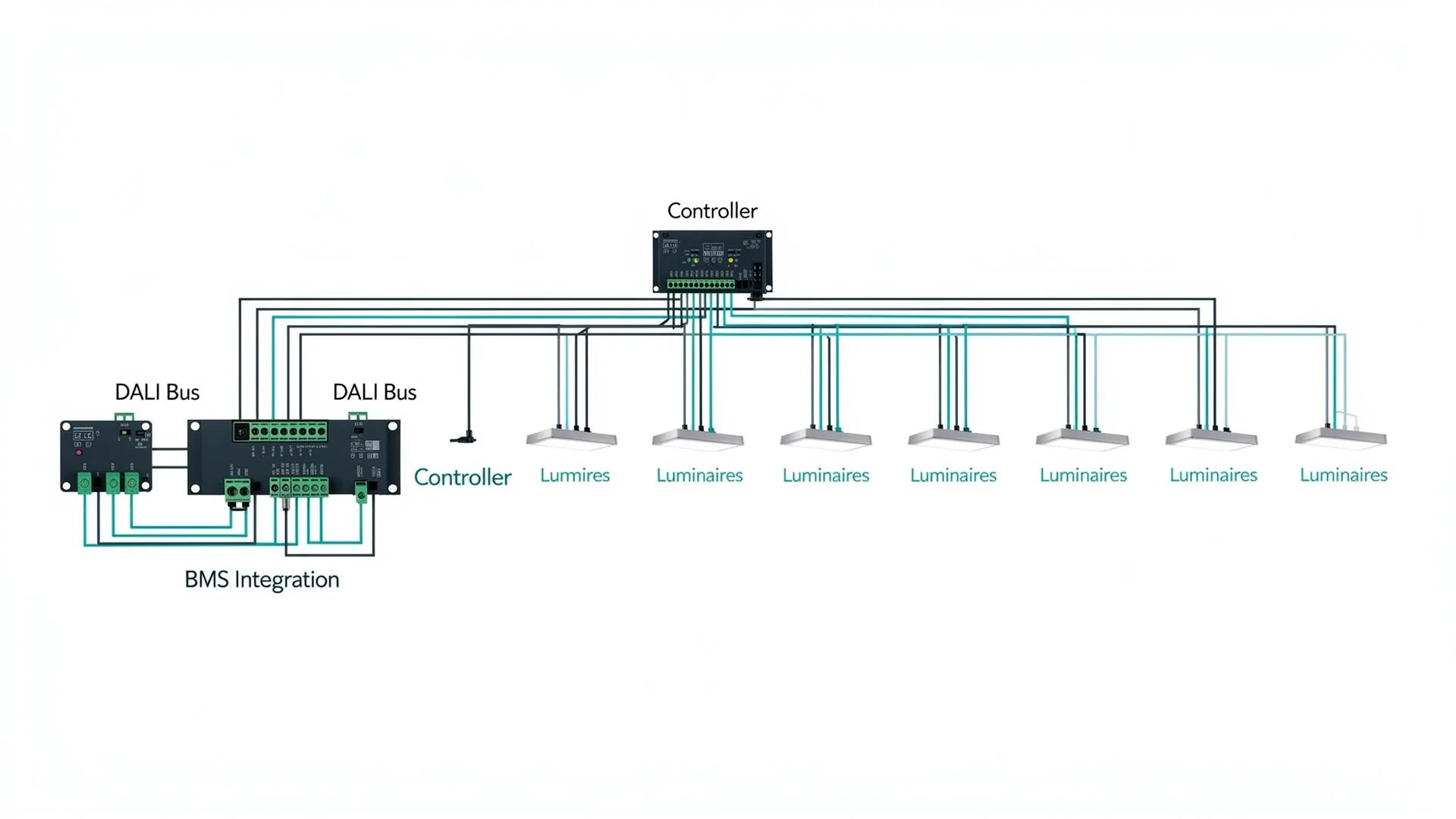 Wired DALI system architecture diagram showing controller, DALI bus and luminaires
